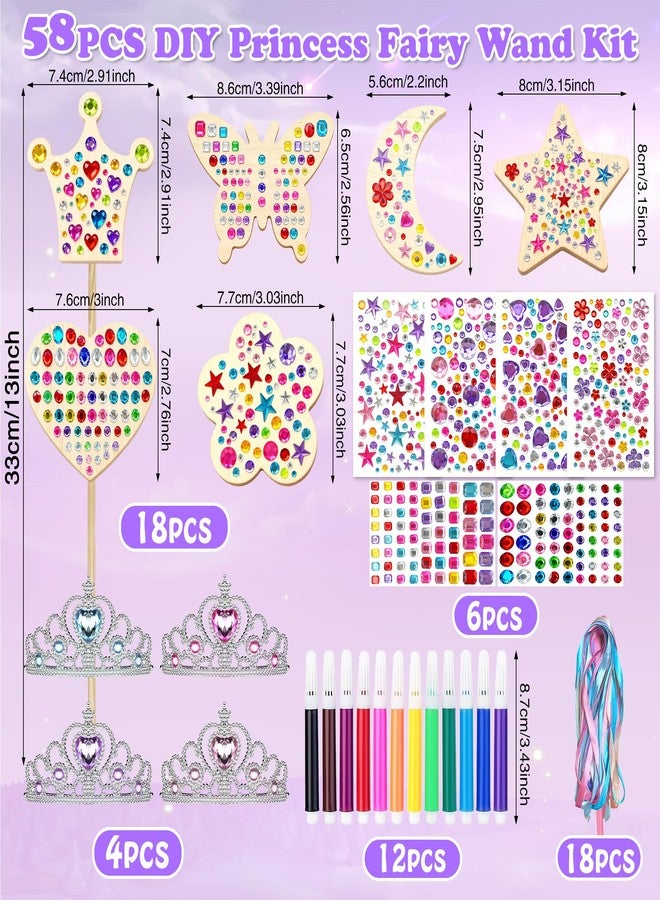 FEMBW 58PCS DIY Princess Fairy Wand Kit - 18 Wooden Wands, 18 Ribbons, 4 Gem Crowns, 6 Sheets Stickers, 12 Markers - Star, Heart, Moon, Crown, Butterfly, Flower Shapes - Birthday Craft Gift for Girls - Image 2